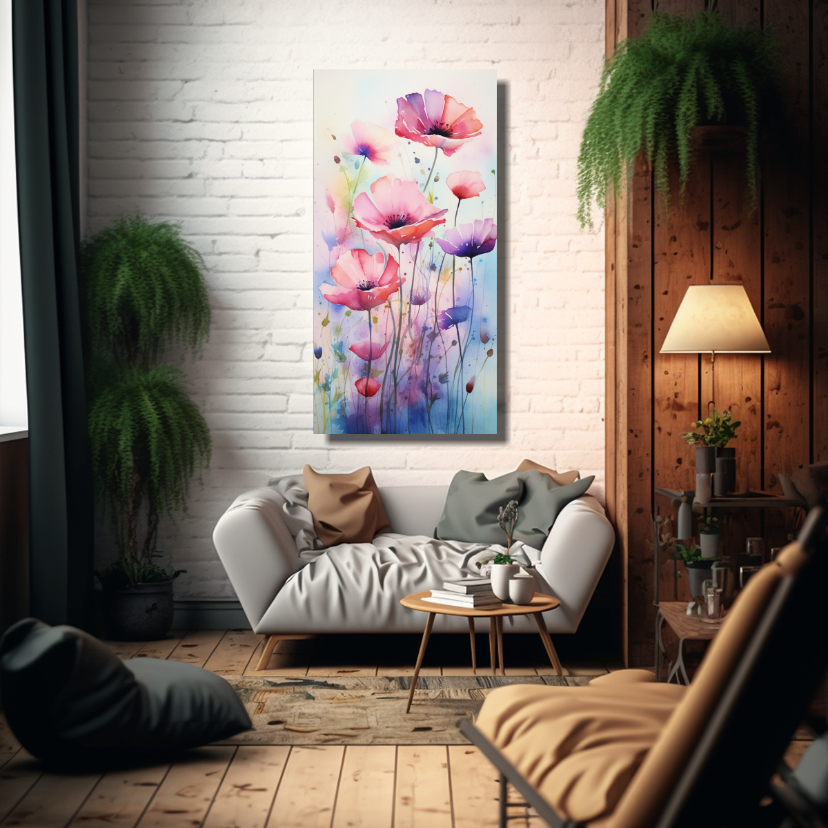 PINTURA EN ACUARELA DE FLORES EN LIENZO AL ESTILO 50X100 CM - 2
