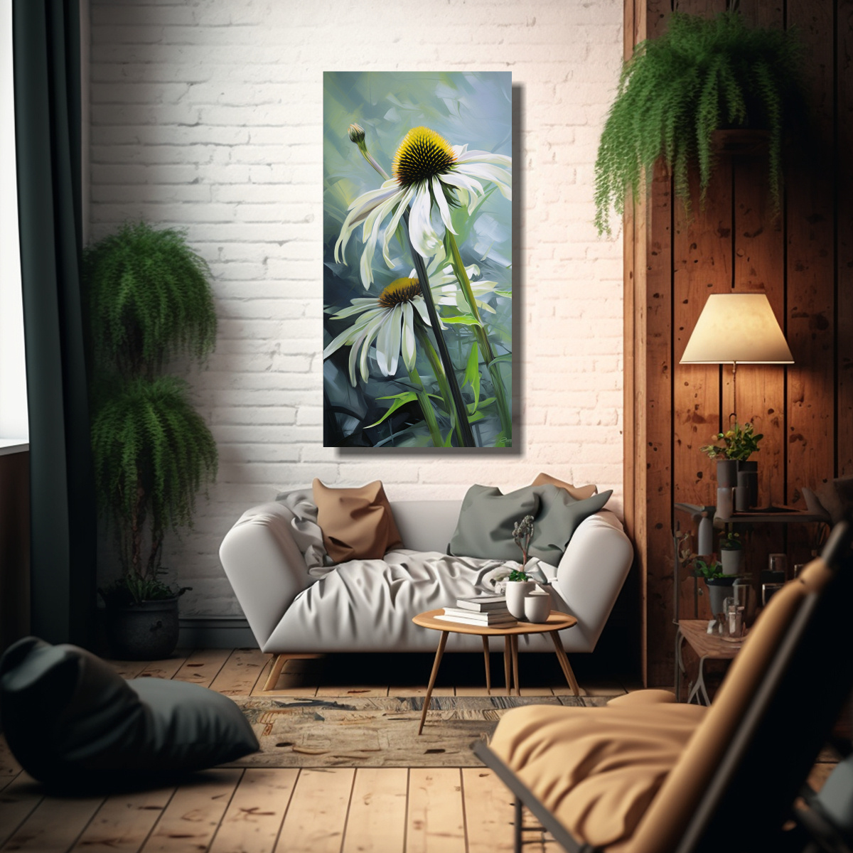 CUADRO ABSTRACTO DE FLORES DE CONEFLOWER CON 30X60 CM - 2