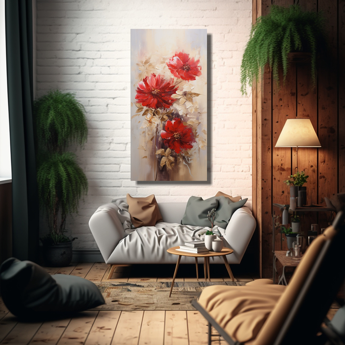 CUADRO VERTICAL DE FLORES ROJAS Y DORADAS EN 80X160 CM - 2