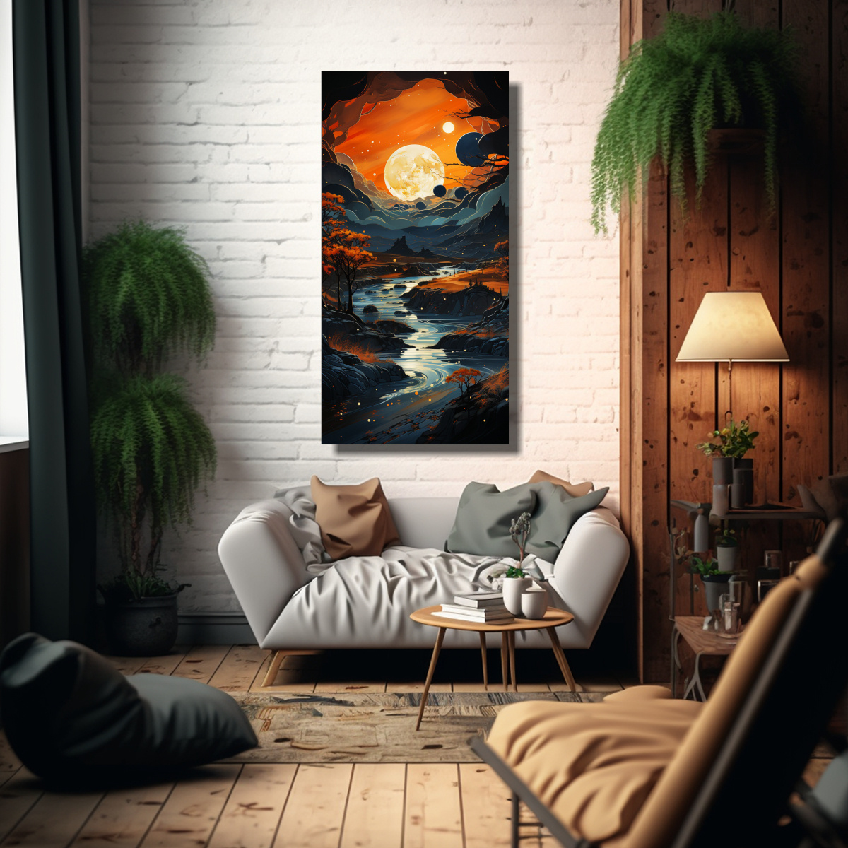 LIENZO DECORACIÓN PINTURA DE PAISAJE CON LUNA Y 70X140 CM - 2
