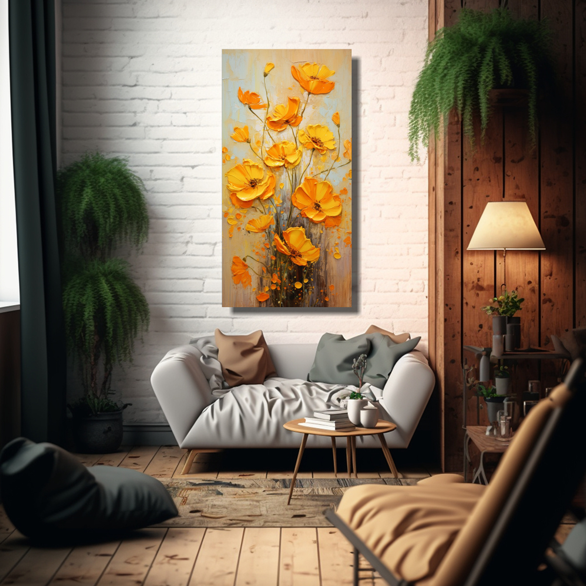 PINTURA EN LIENZO DE FLORES AMARILLAS Y NARANJAS 40X80 CM - 2
