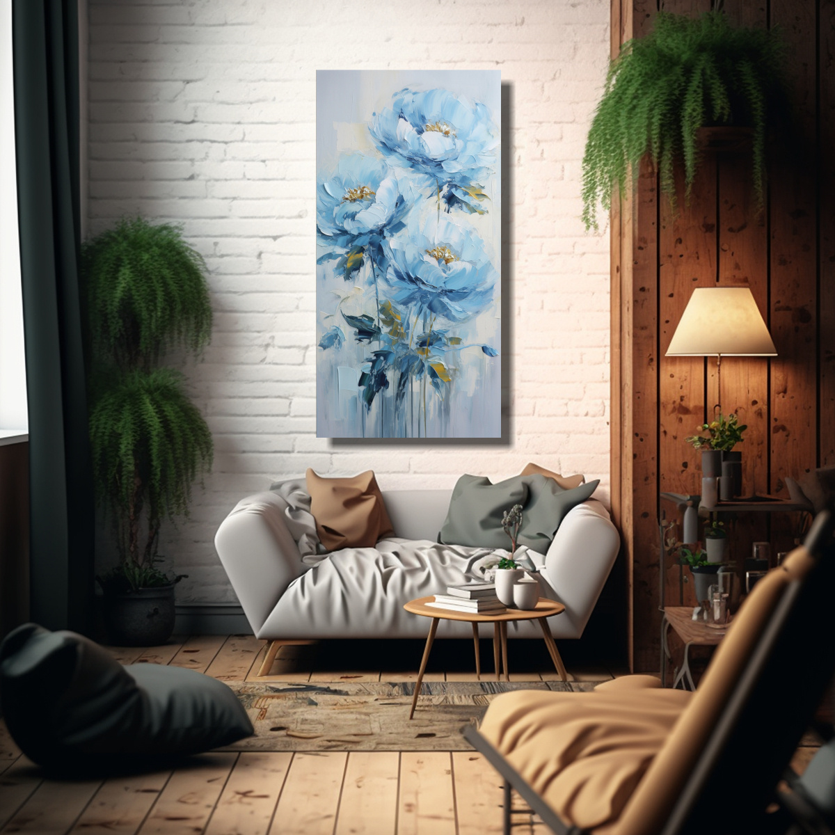 PINTURA RECTANGULAR AZUL DE PEONÍAS SOBRE LIENZO 40X80 CM - 2