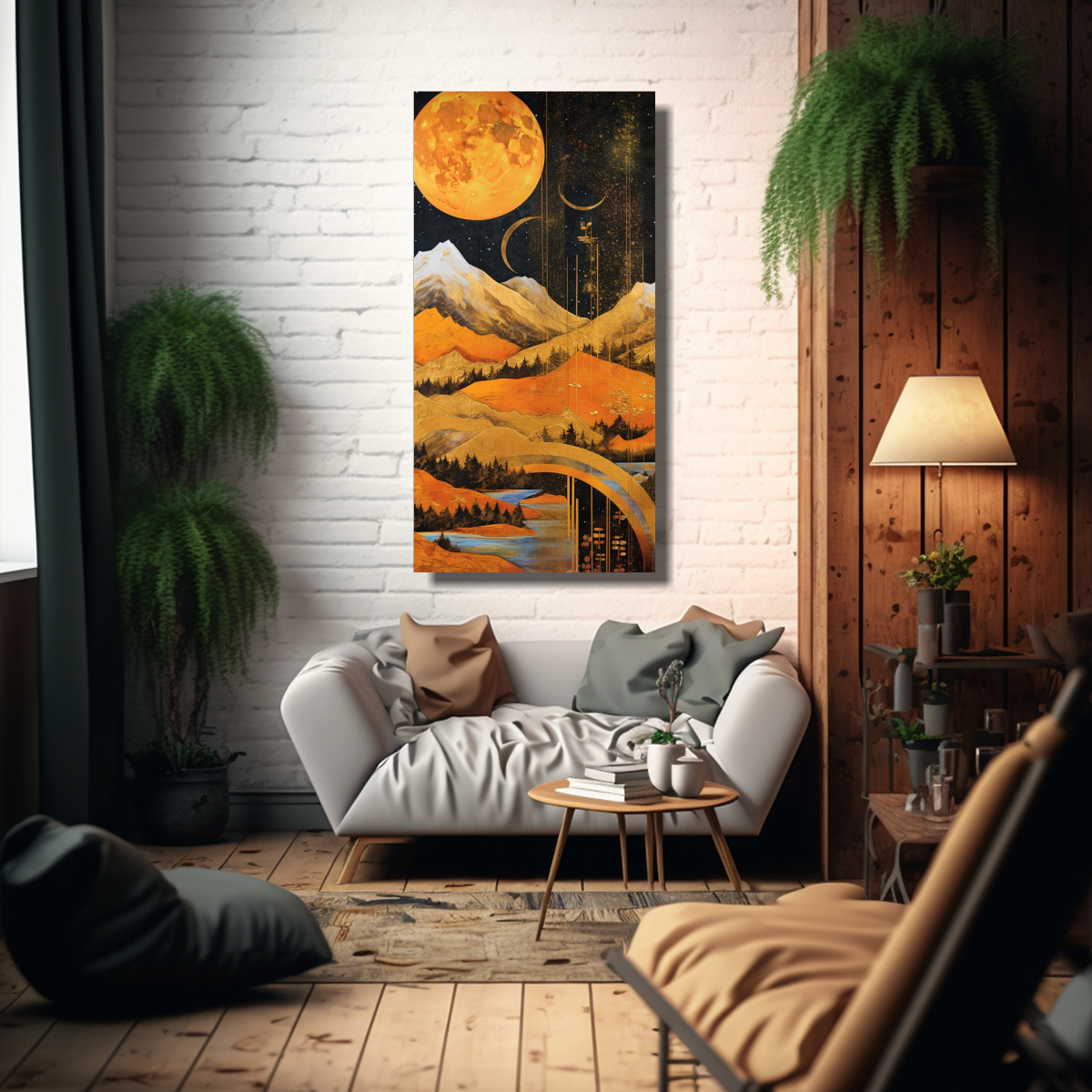 PINTURA EN BASTIDOR DE LUNA CERCA DE MONTAÑAS 30X60 CM - 2