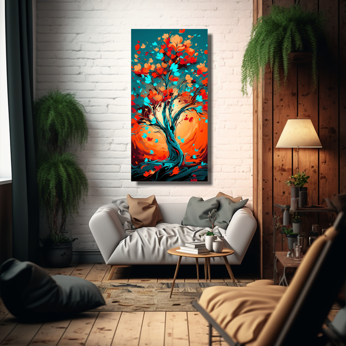 CUADRO ESCENARIO LIENZO HERMOSO UN ÁRBOL NARANJA 60X120 CM - 2