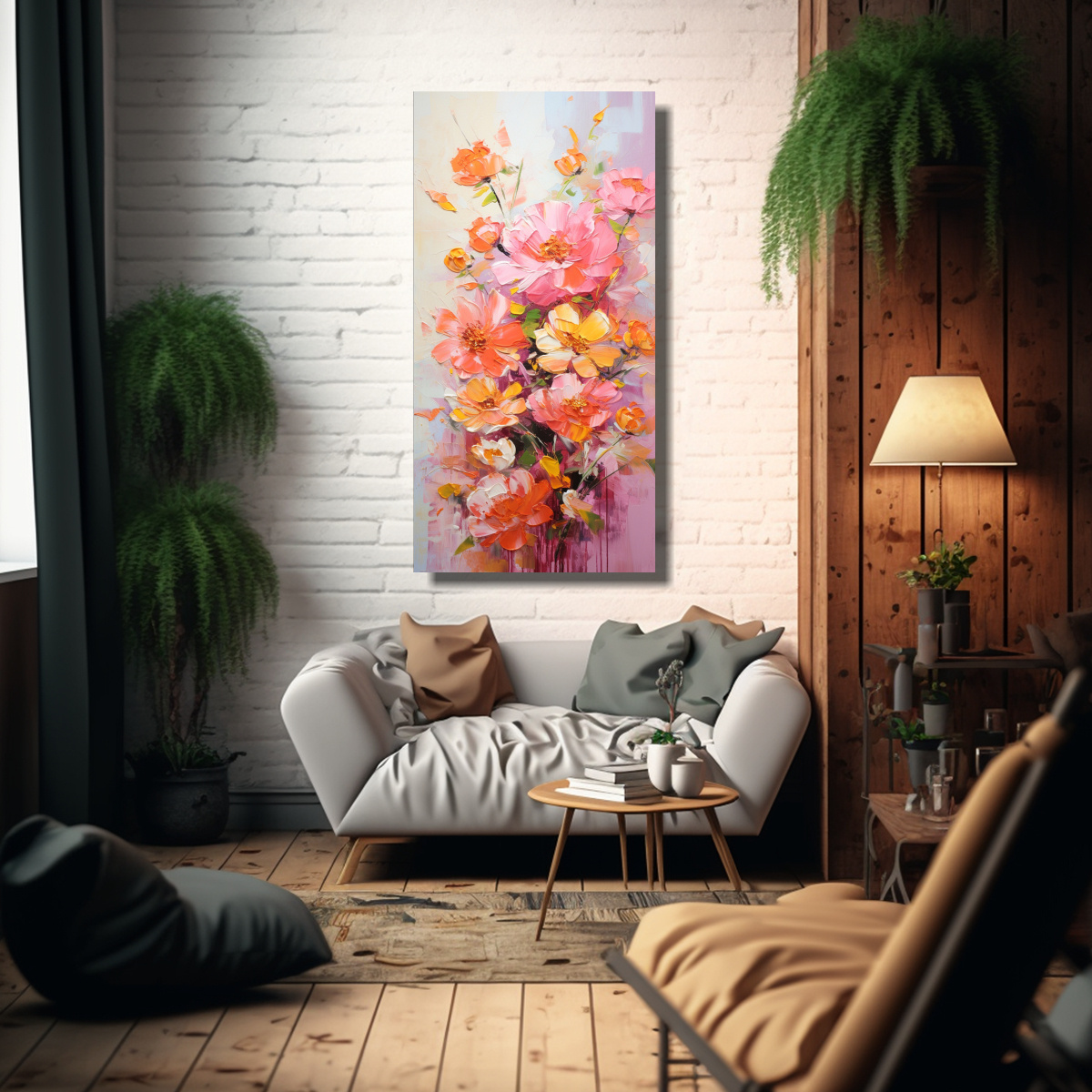 CUADRO ORIGINAL DE FLORES EN COLORES NARANJA Y 70X140 CM - 2
