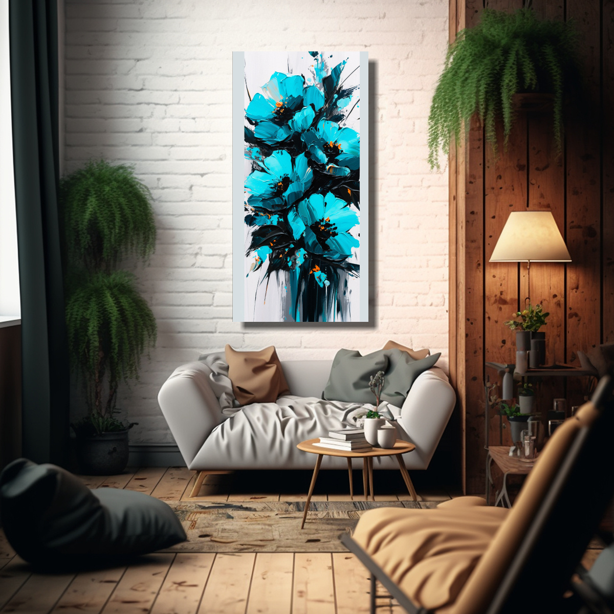 PINTURA EN LIENZO DE FLORES EN COLORES TURQUESA Y 60X120 CM - 2