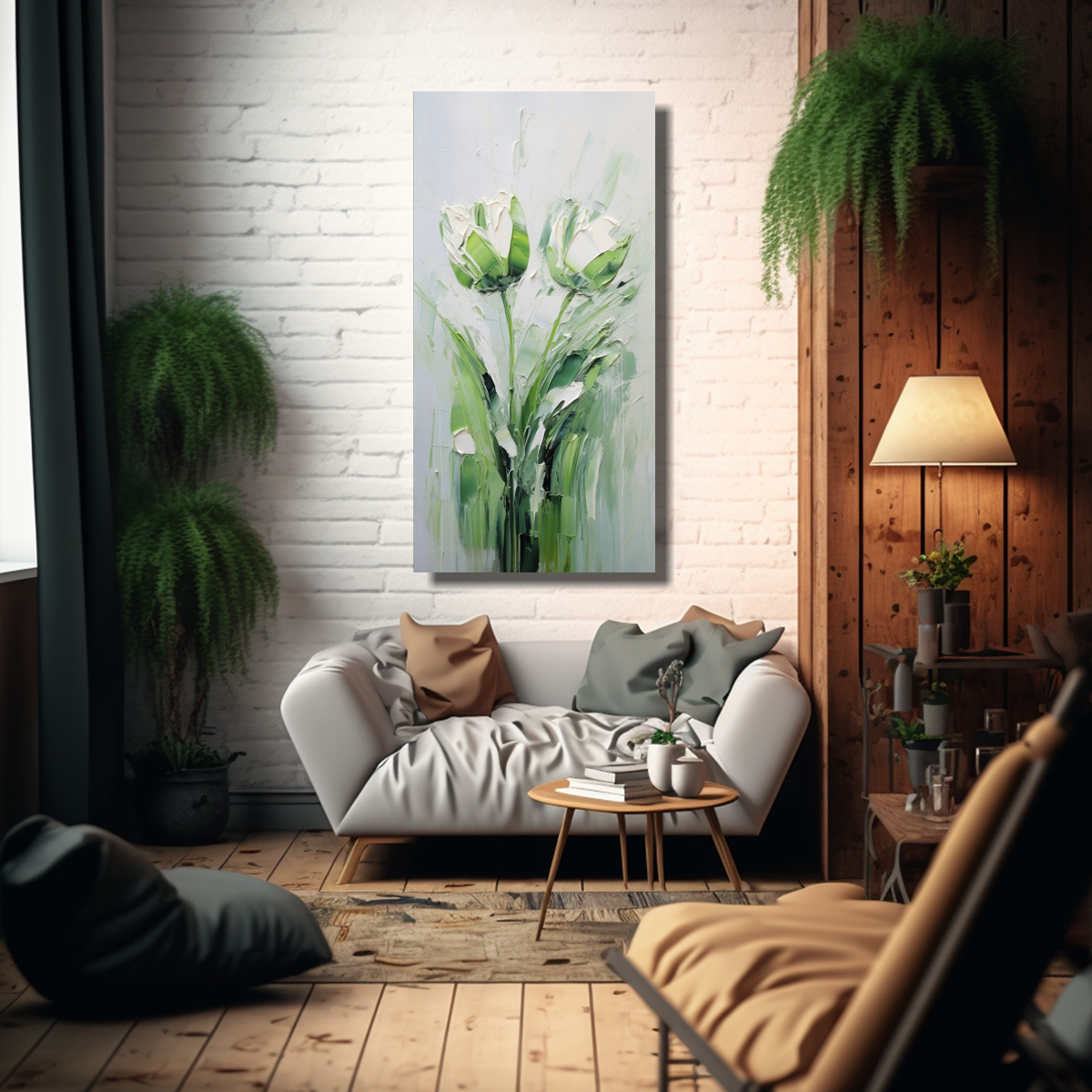 PINTURA EN LIENZO DE TULIPANES VERDES CON EFECTO 40X80 CM - 2
