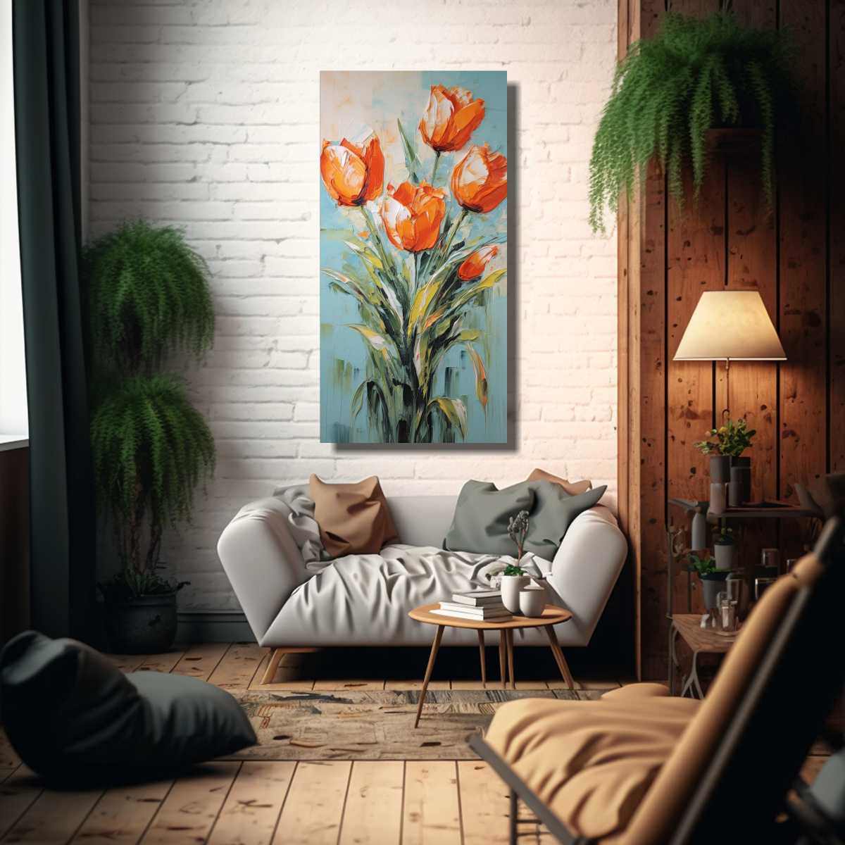 PINTURA EN LIENZO DE TULIPANES NARANJAS EN ESTILO 60X120 CM - 2