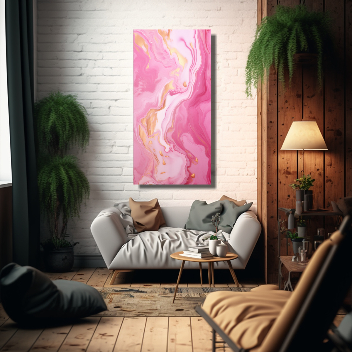 CUADRO DE PARED ABSTRACTO MÁRMOL ROSA Y DORADO 80X160 CM - 2
