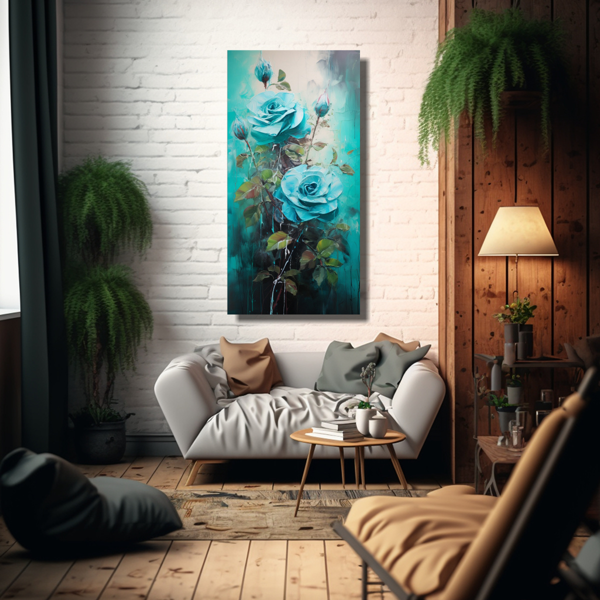 PINTURA DE ROSAS TURQUESA EN LIENZO ESTILO ARTE 30X60 CM - 2