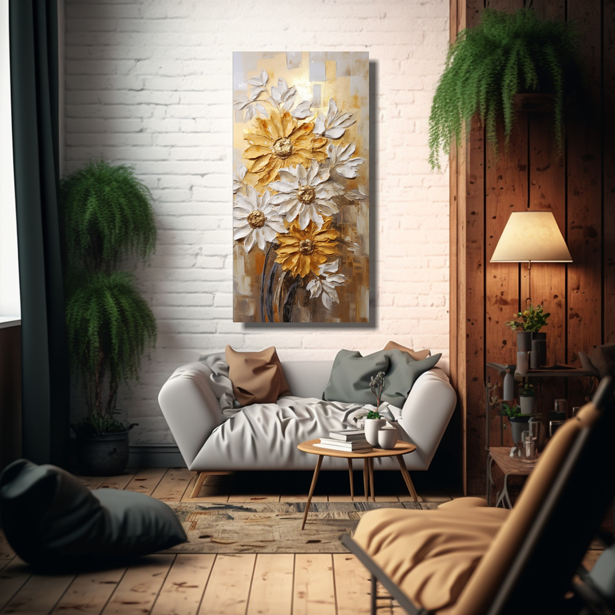CUADRO LIENZO TELA TEXTURA GIRASOLES DORADOS 60X120 CM - 2