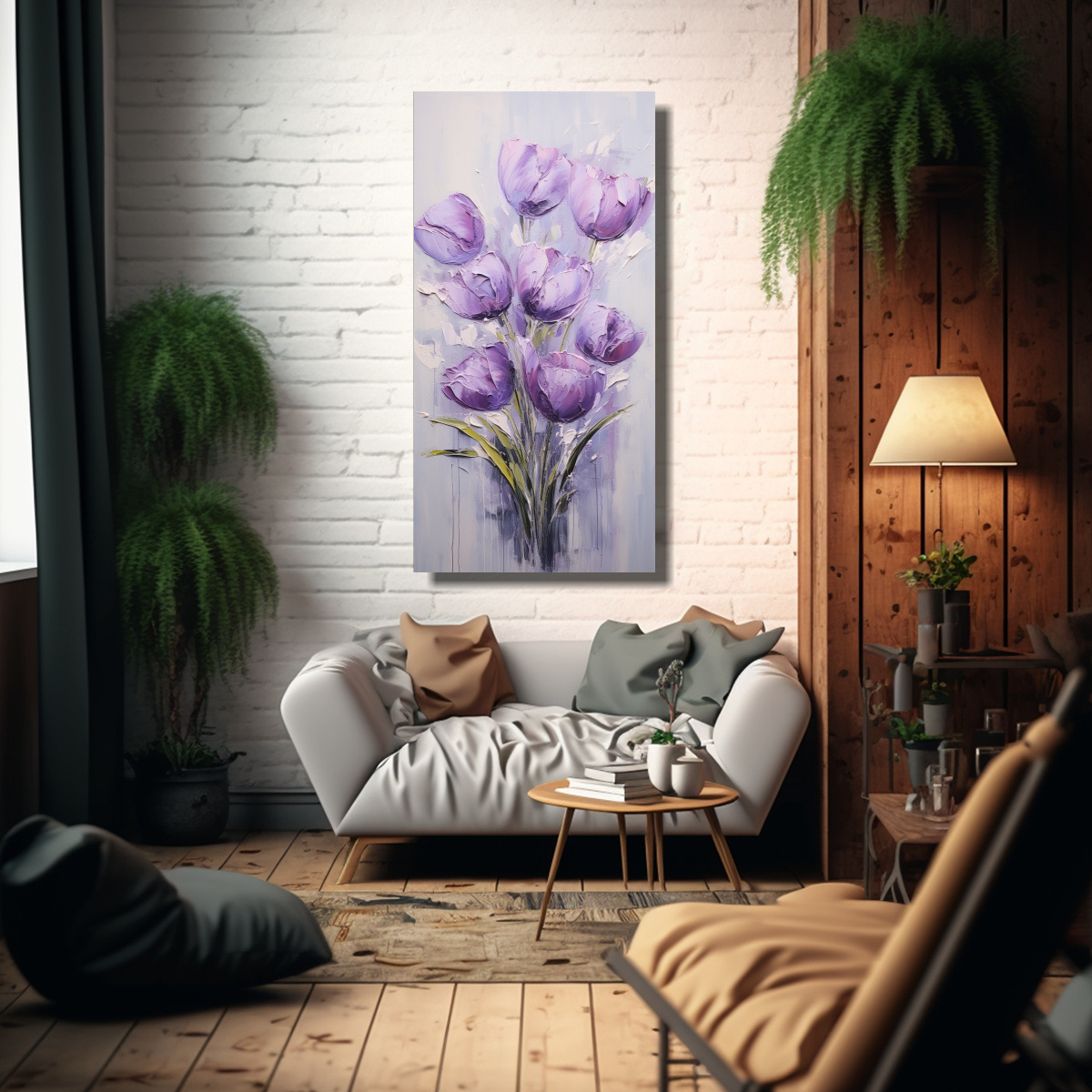 CUADRO PINTADO EN LIENZO DE FLORES MORADAS EN EL 60X120 CM - 2