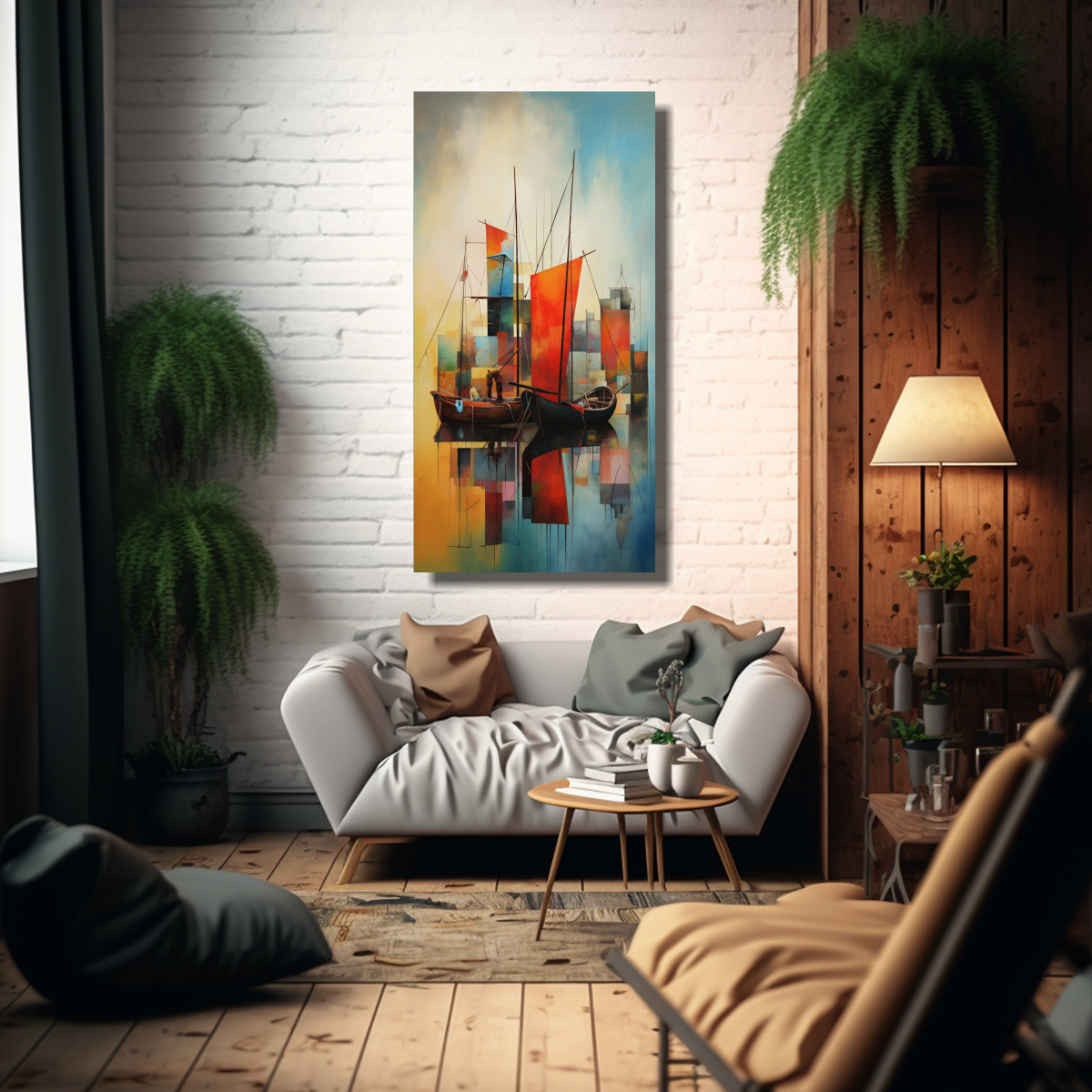 CUADRO ABSTRACTO DE BARCOS EN BASTIDOR: VIDA EN 30X60 CM - 2
