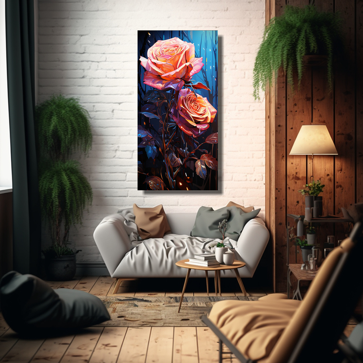 ARTE DE PARED MODERNO CON FLORES DE ROSA EN 60X120 CM - 2