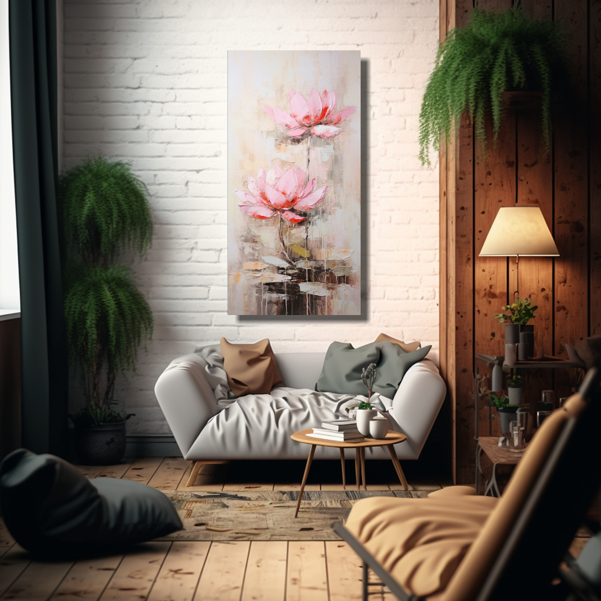 PINTURA DECORATIVA DE LOTO ROSA EN LIENZO ESTILO P 60X120 CM - 2