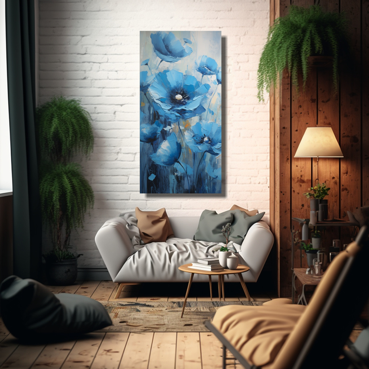 PINTURA EN ACUARELA DE AMAPOLAS AZULES EN LIENZO 40X80 CM - 2