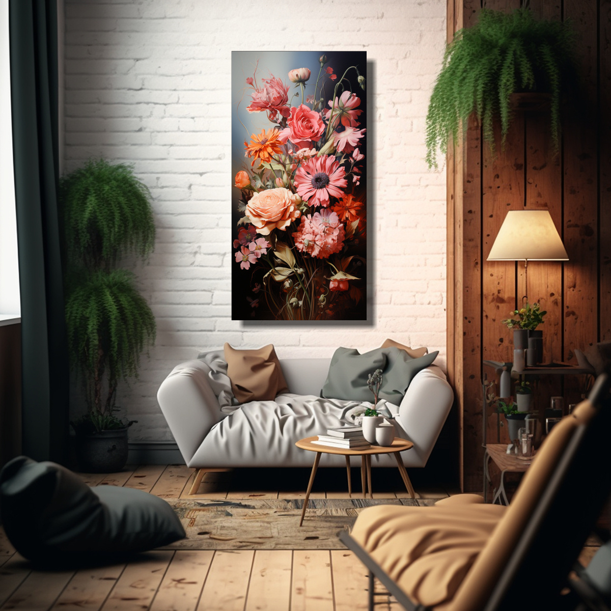 BOUQUET DE FLORES ROSAS LUMINOSAS EN UNA CUADRO 80X160 CM - 2