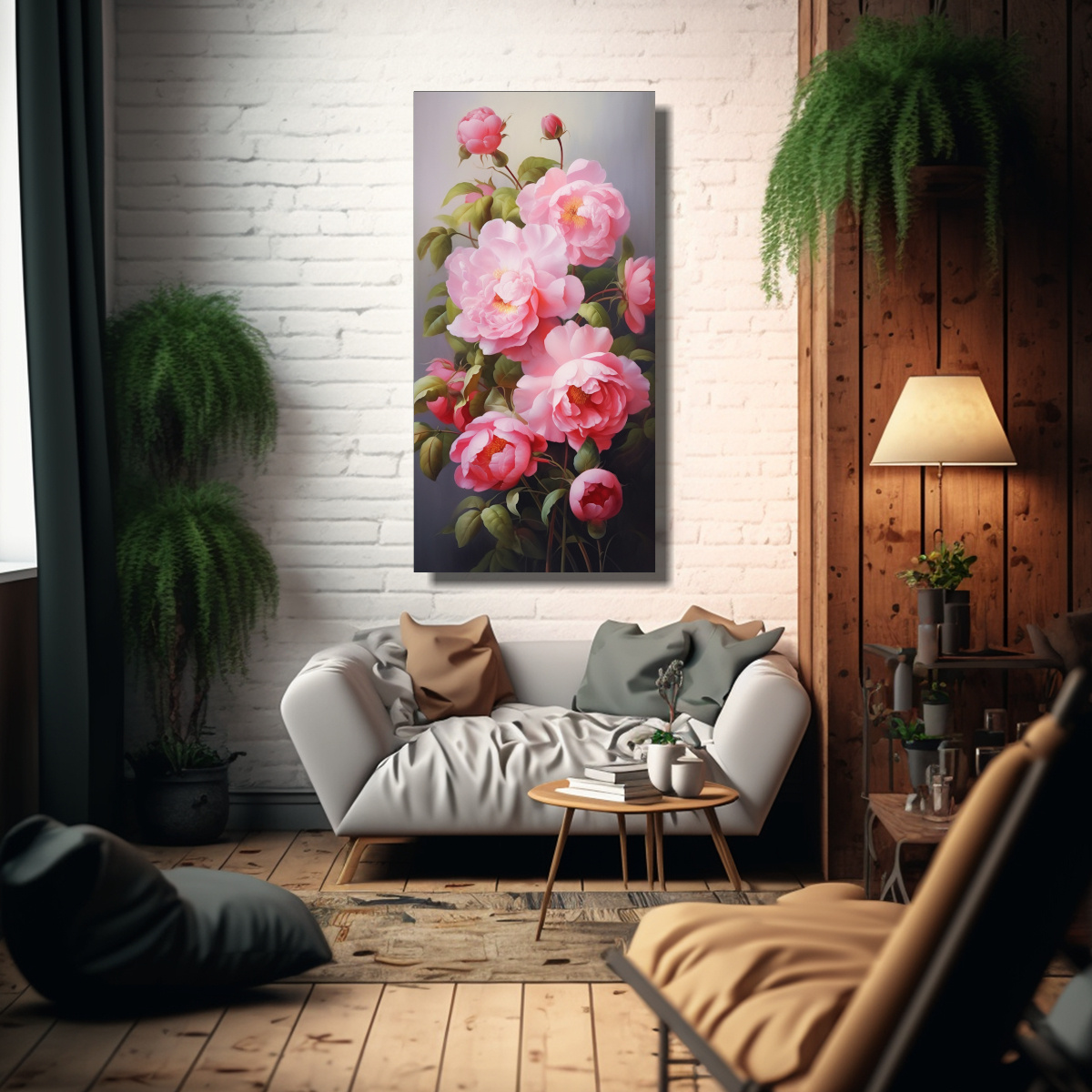CUADRO MODERNO CON PEONIAS ROSADAS PARA DECORAR 20X40 CM - 2