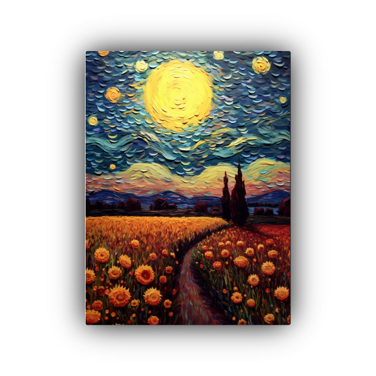 PAISAJE NOCTURNO GIRASOLES VAN GOGH, LIENZO ALTO 40X60 CM - 1