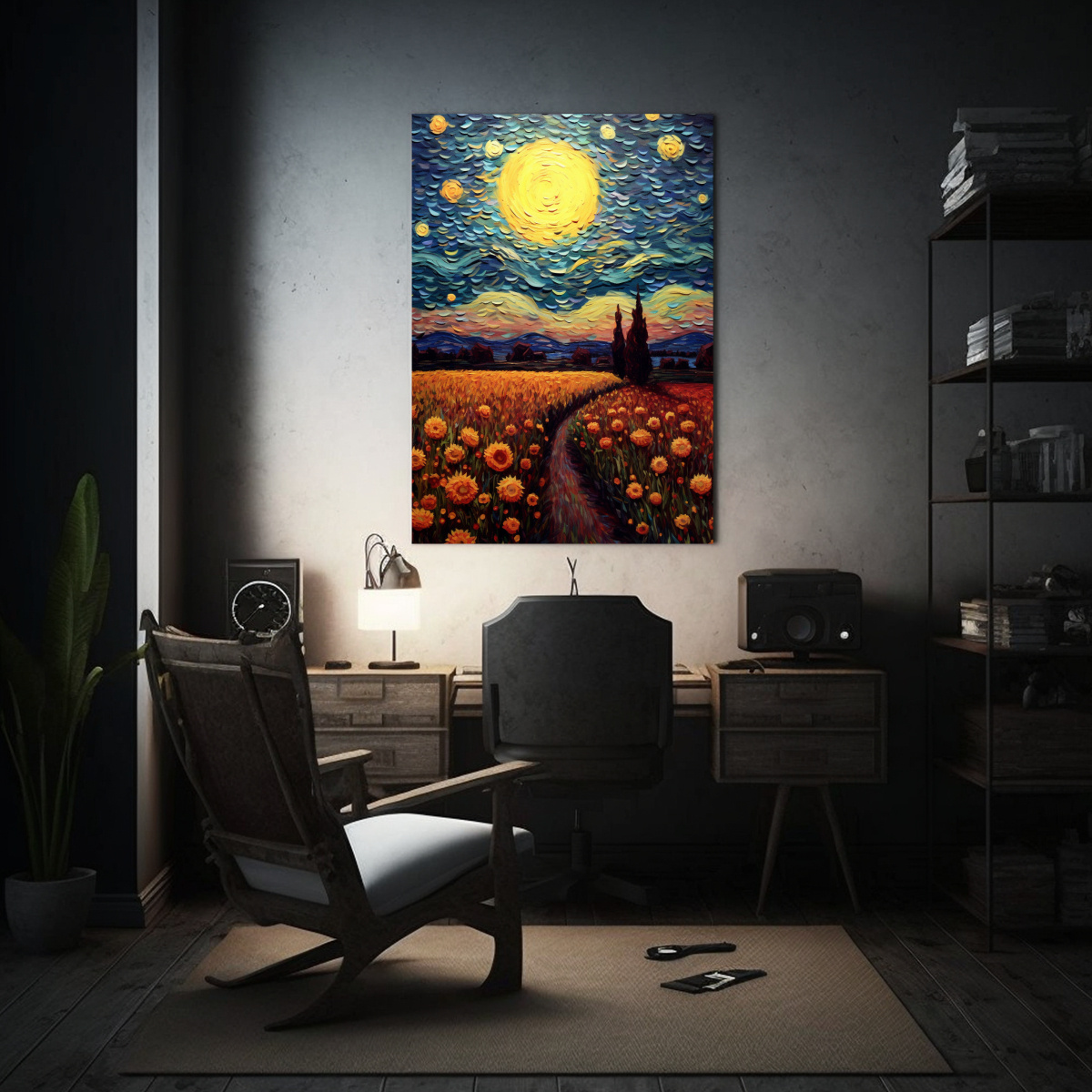 PAISAJE NOCTURNO GIRASOLES VAN GOGH, LIENZO ALTO 40X60 CM - 2