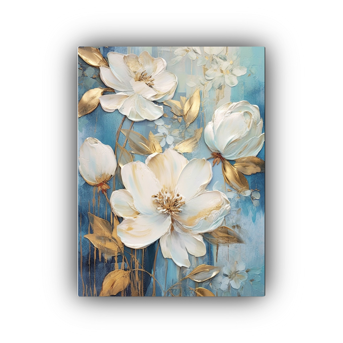 PINTURA AL ÓLEO DE FLORES AZULES, BLANCAS Y 30X40 CM - 1