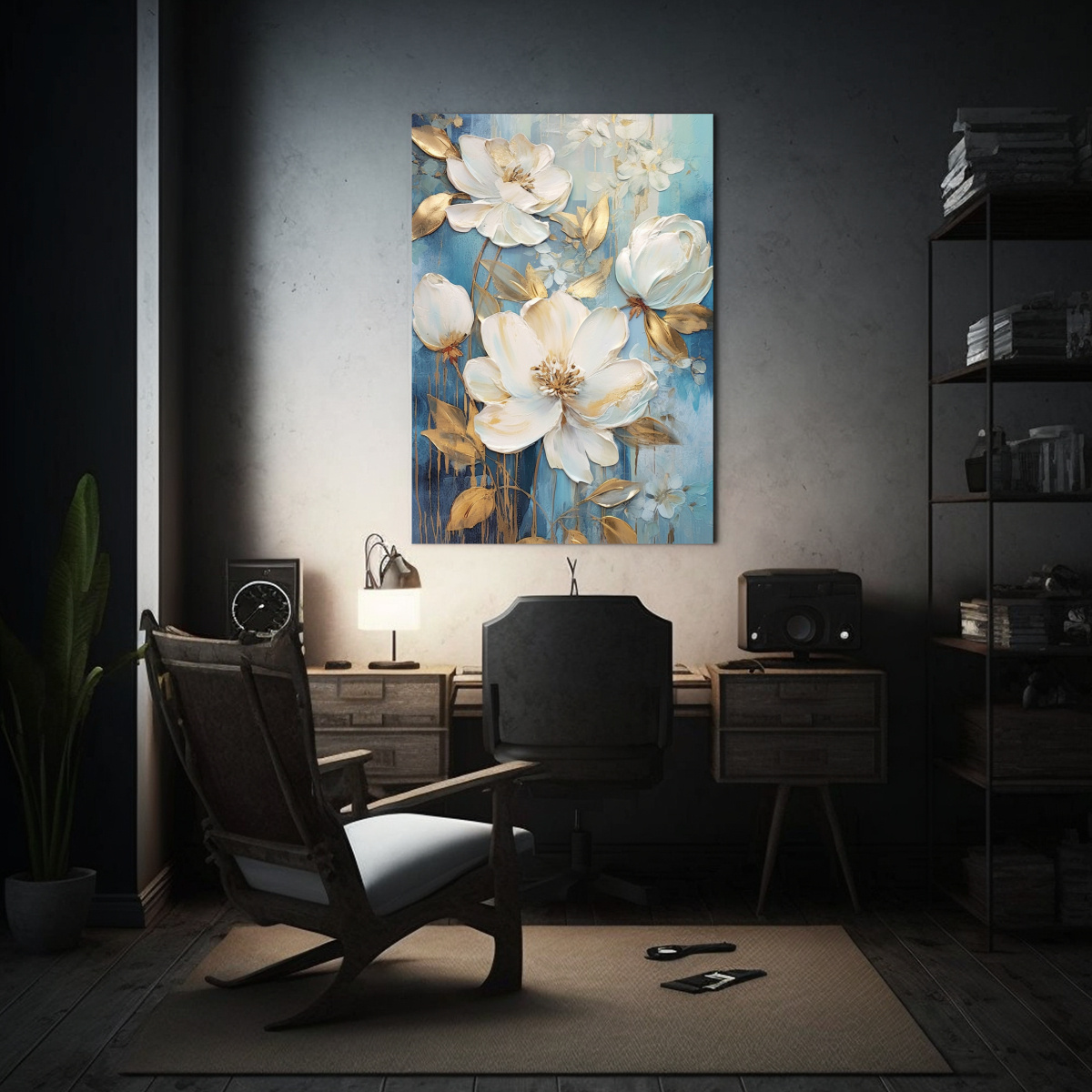 PINTURA AL ÓLEO DE FLORES AZULES, BLANCAS Y 30X40 CM - 2