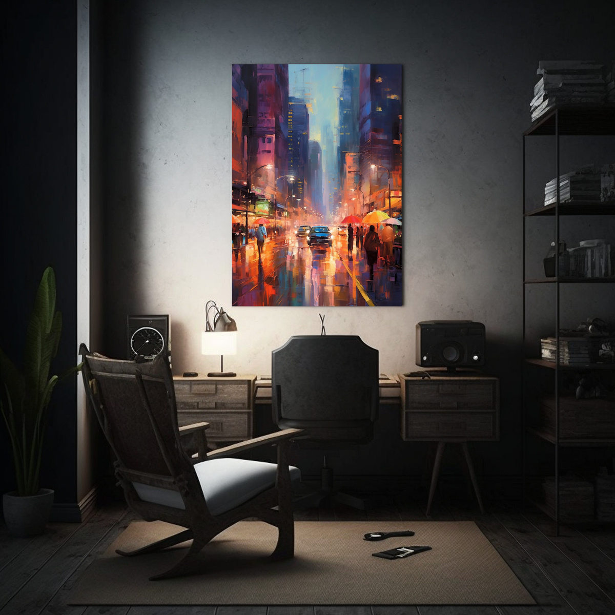 PINTURA ABSTRACTA EN LIENZO DE UNA CIUDAD DE NOCHE 50X65 CM - 2