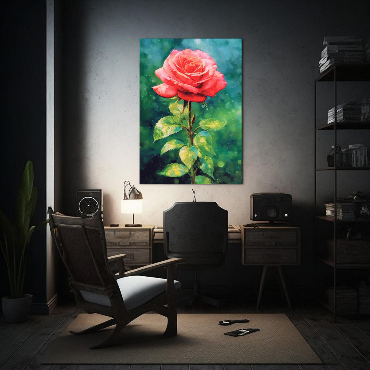 PINTURA ACUARELA DE ROSA ROJA EN BASTIDOR 30X45 CM - 2