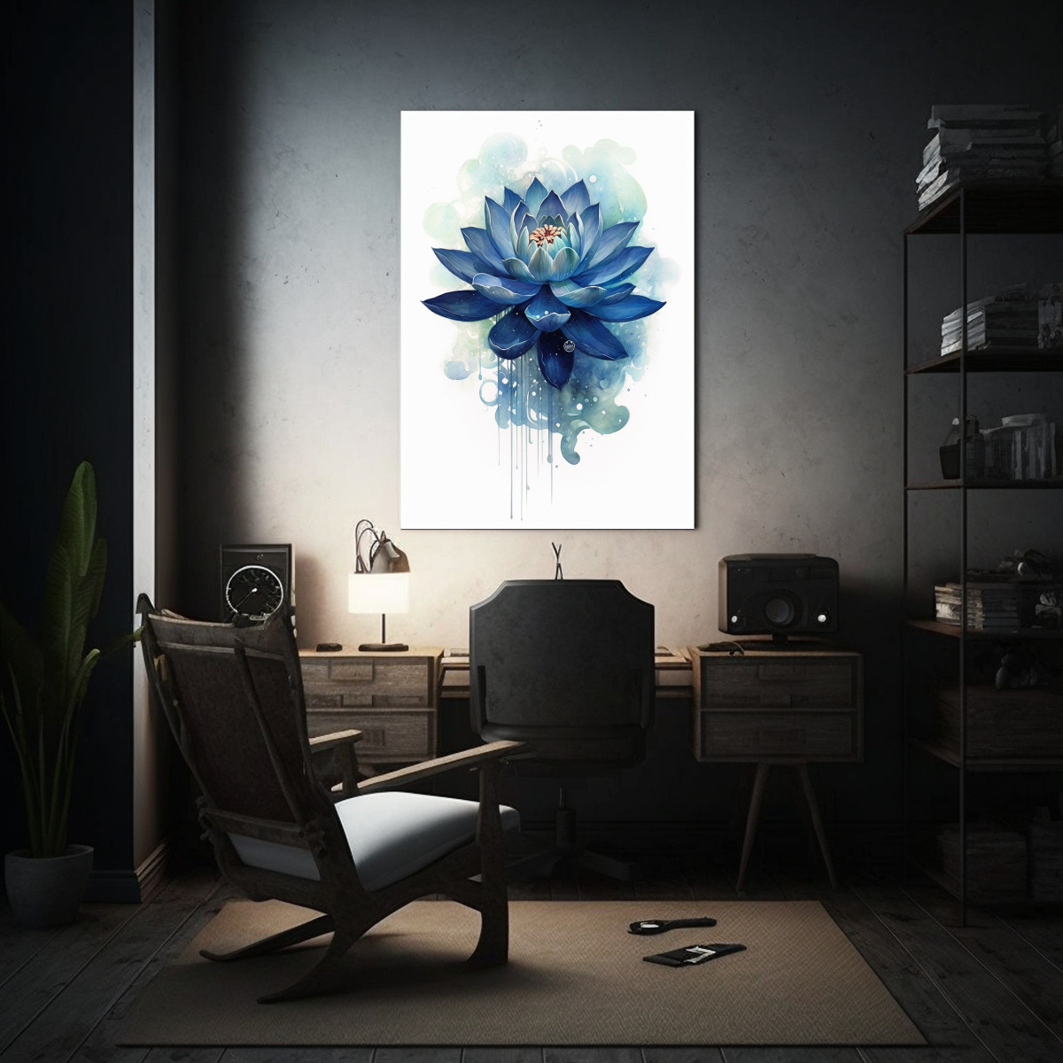 PINTURA ACUARELA DE UN LOTO AZUL OSCURO EN 50X65 CM - 2