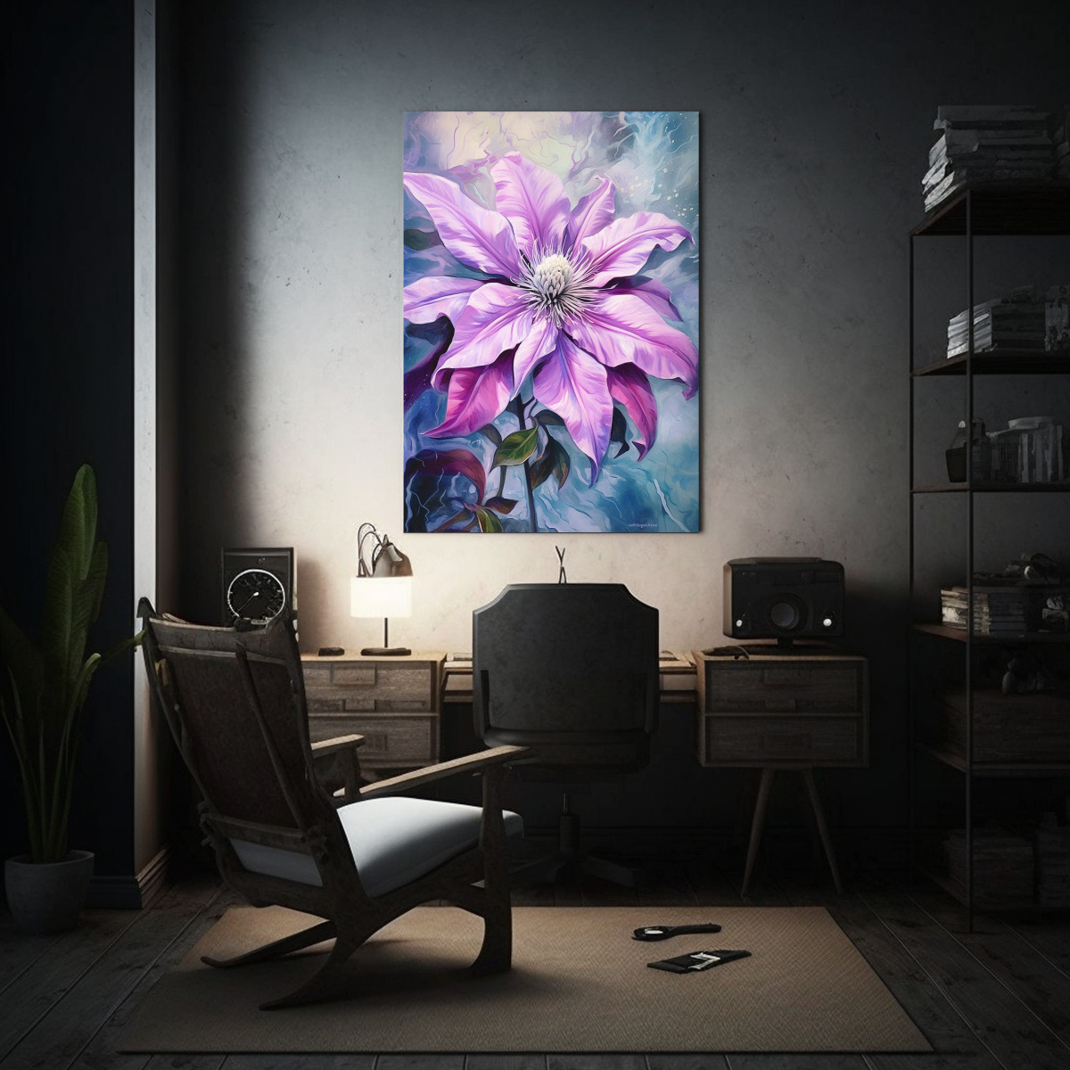 CUADRO DISEÑO CLEMÁTIDE DE PLATA Y MAGENTA: 40X60 CM - 2