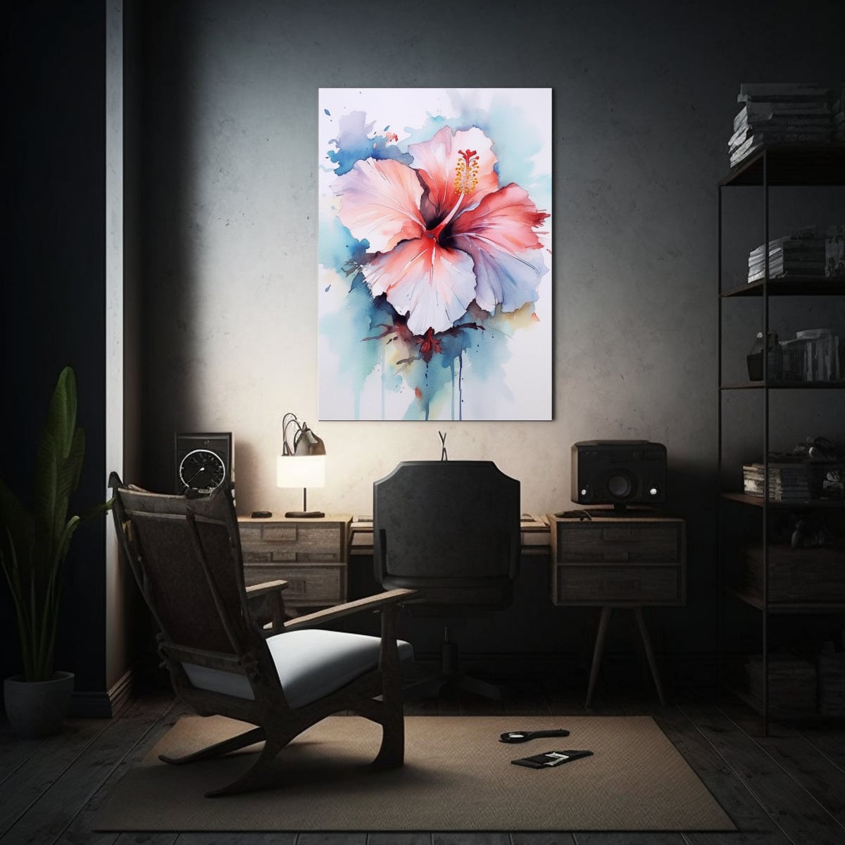 CUADRO FLORAL ACUARELA DE HIBISCOS OBRA MAESTRA 50X65 CM - 2
