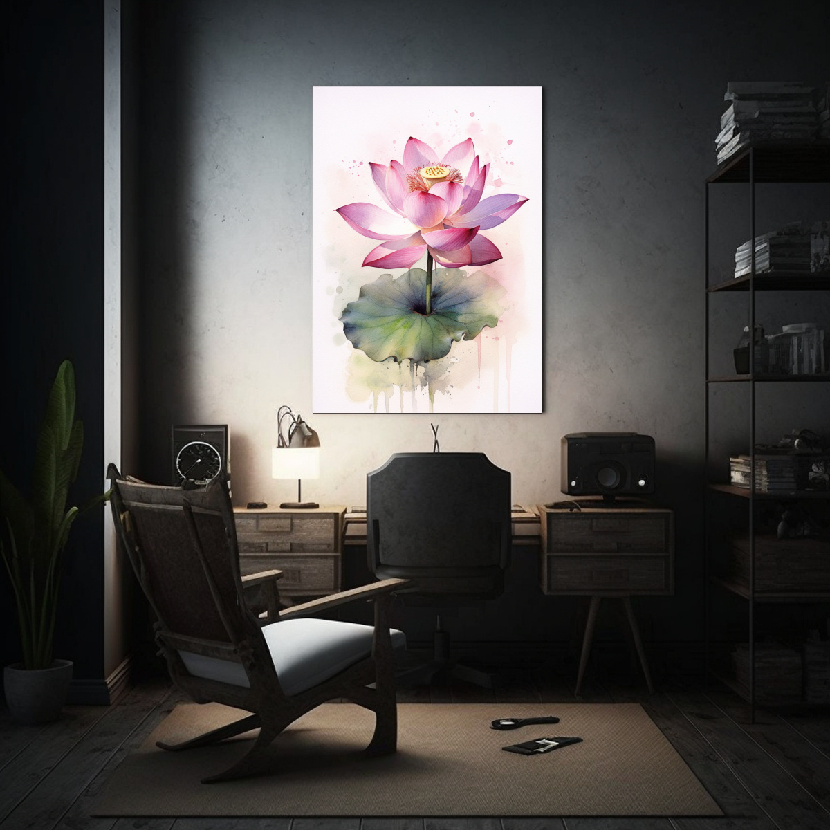PINTURA ACUARELA INTENSA LOTO ROSA CON HOJA DE 80X120 CM - 2