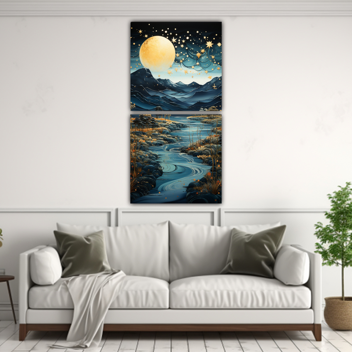CUADRO FIGURAS CON LUNA Y MONTAÑAS 80X160 CM - 2
