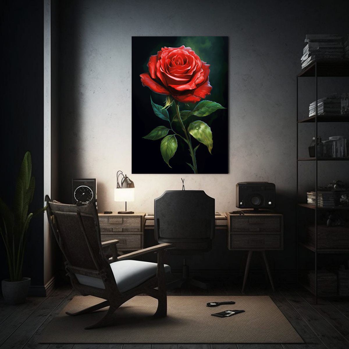 CUADRO MINIMALISTA DE HERMOSA ROSA ROJA CON HOJAS 30X40 CM - 2