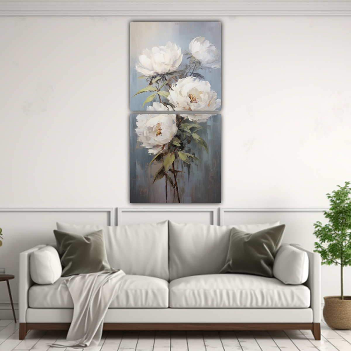 PINTURA AL ÓLEO DE PEONÍAS BLANCAS ESTILO 70X140 CM - 2