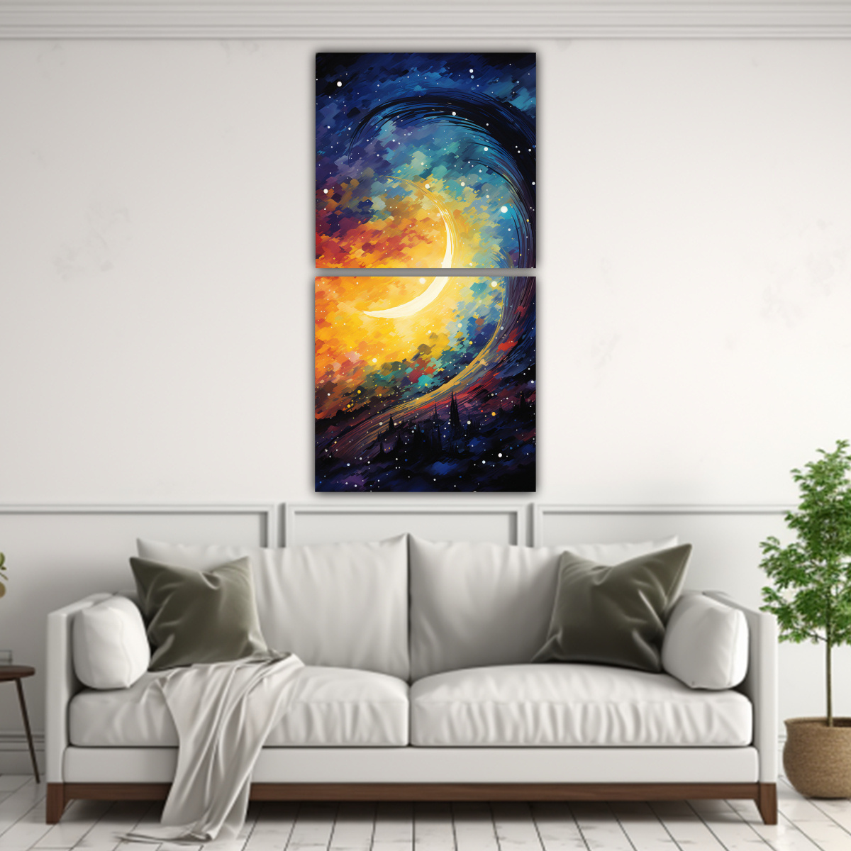 PINTURA ABSTRACTA CON LUNA CRECIENTE DE DOS ARTES 30X60 CM - 2
