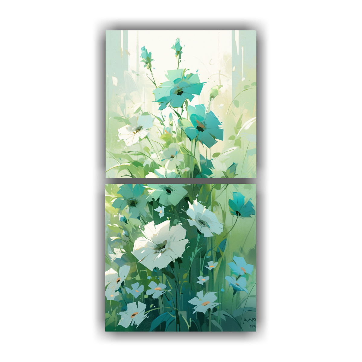 PINTURAS DE FLORES EN LIENZO VERDE Y CIAN 50X100 CM - 1