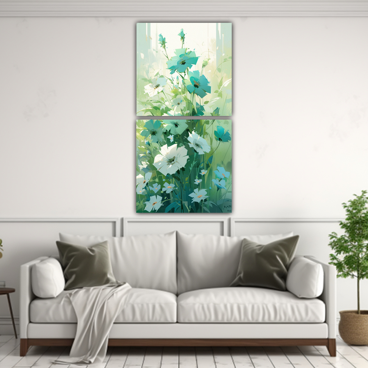 PINTURAS DE FLORES EN LIENZO VERDE Y CIAN 50X100 CM - 2