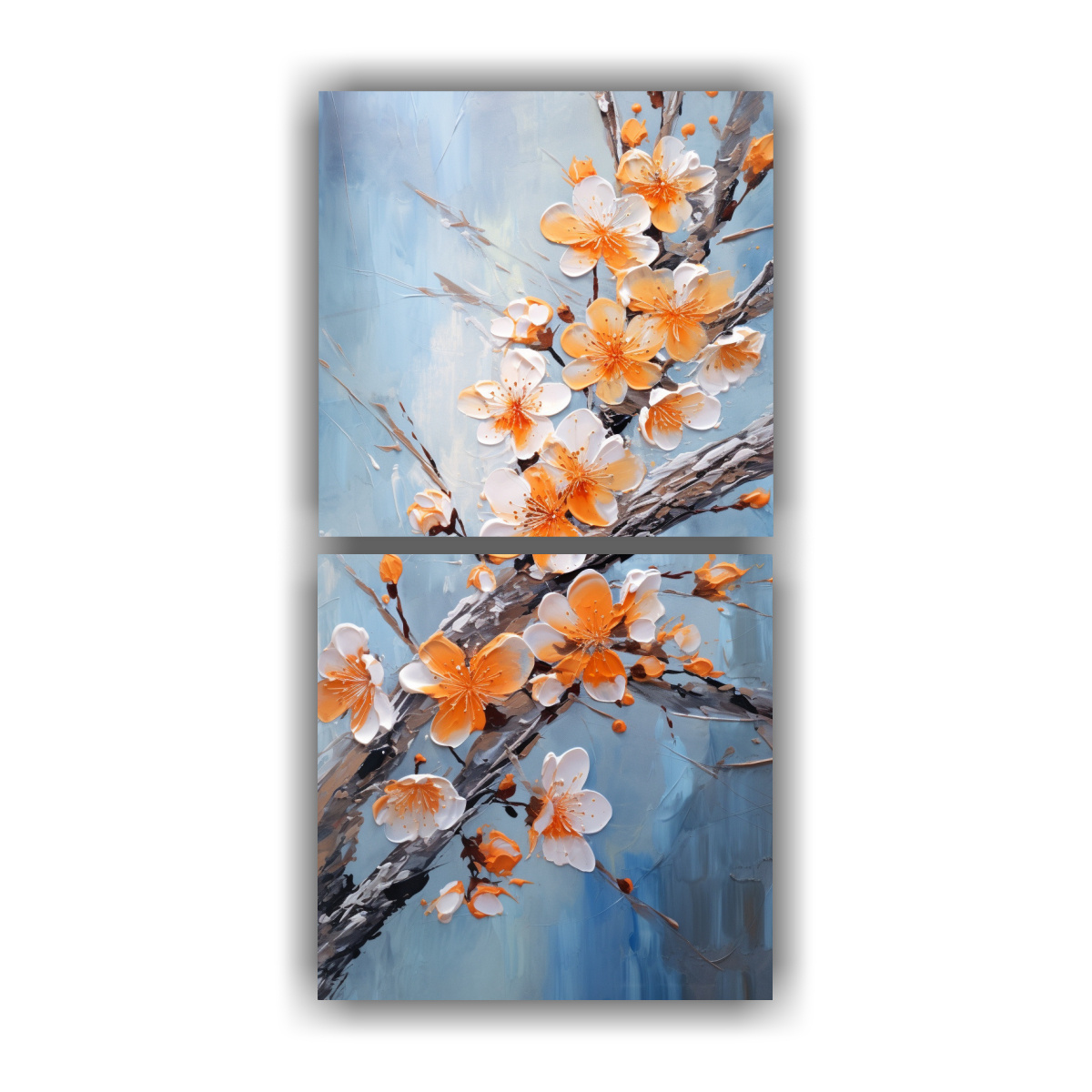 DOS LIENZOS MODERNOS DE FLORES DE CEREZO NARANJAS 30X60 CM - 1
