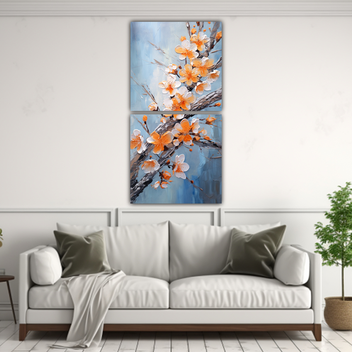 DOS LIENZOS MODERNOS DE FLORES DE CEREZO NARANJAS 30X60 CM - 2
