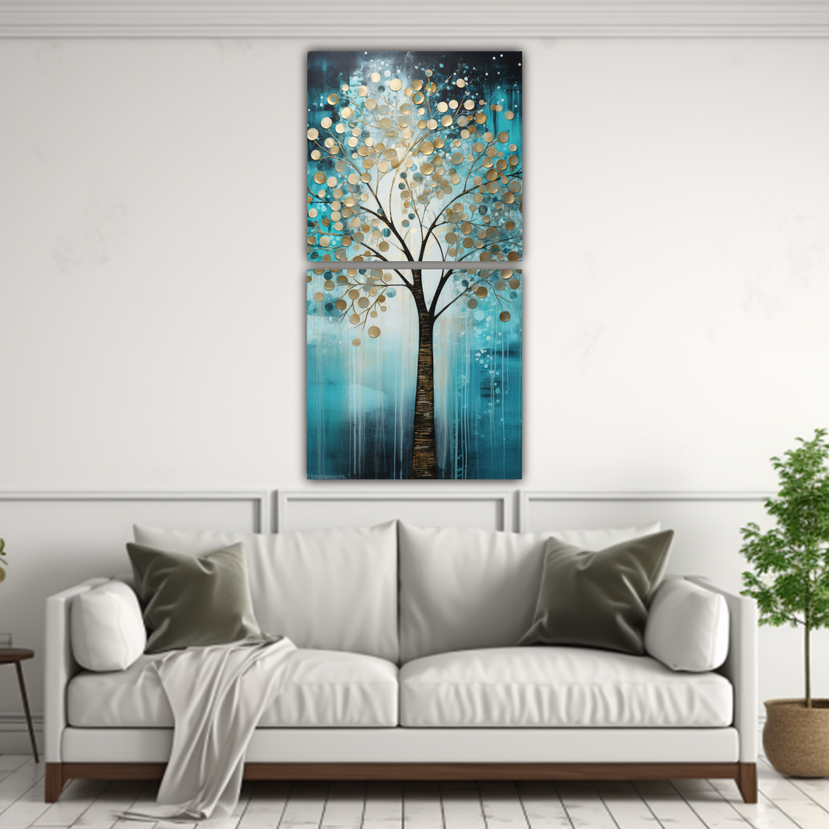 PINTURA DECORATIVA ÁRBOL TURQUESA PLATA EN SET 2 70X140 CM - 2