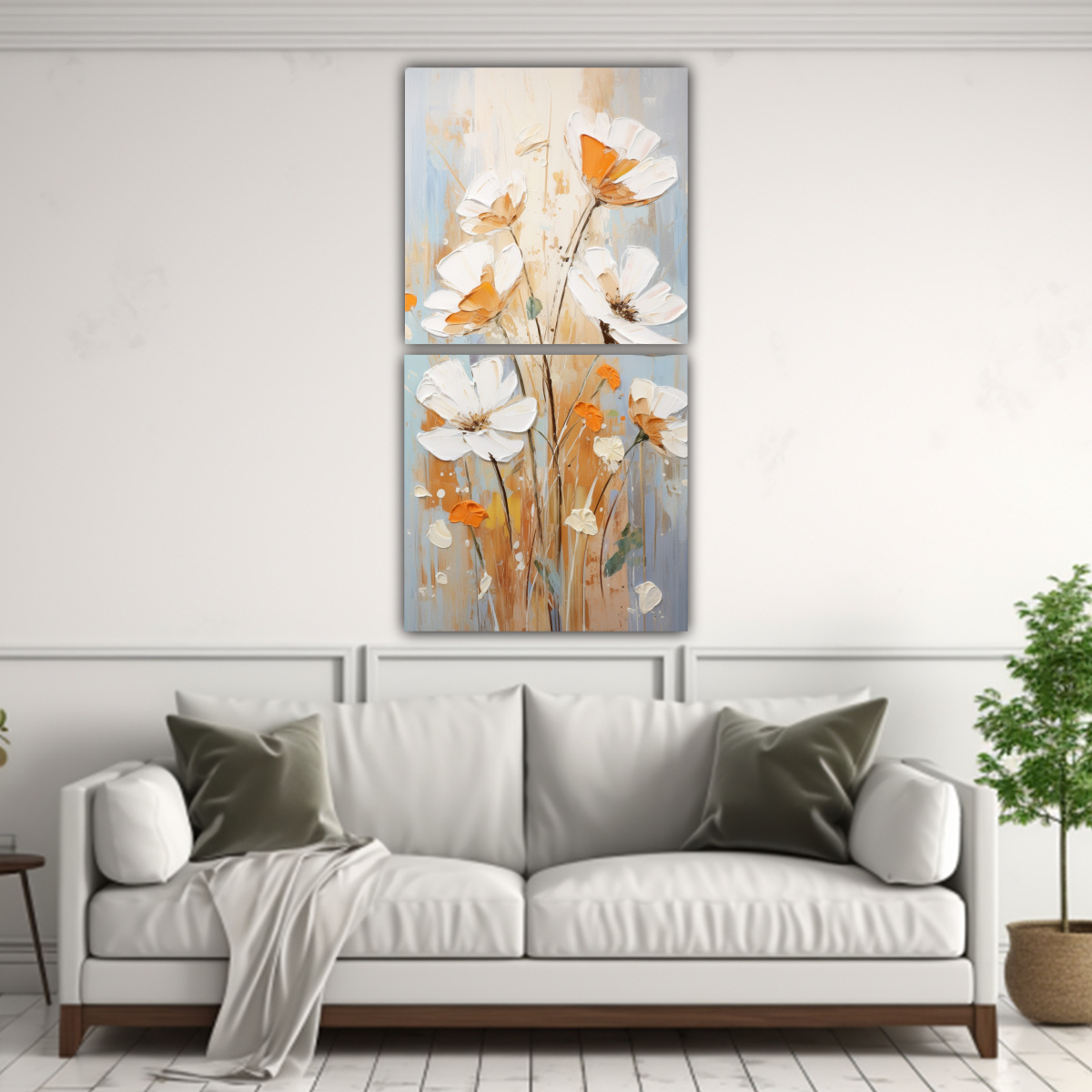 PINTURA EN LIENZO DE FLORES BLANCAS Y NARANJAS EN 60X120 CM - 2