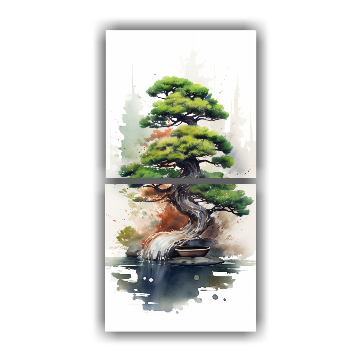 DOS ARTES DIBUJO ORIGINAL A SPRUCE BONSAI ÁRBOL 30X60 CM - 1