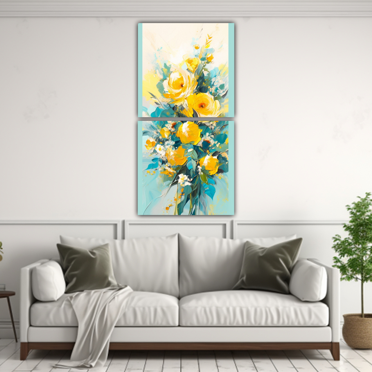 PINTURA EN LIENZO DE FLORES AMARILLAS Y AZULES EN 70X140 CM - 2