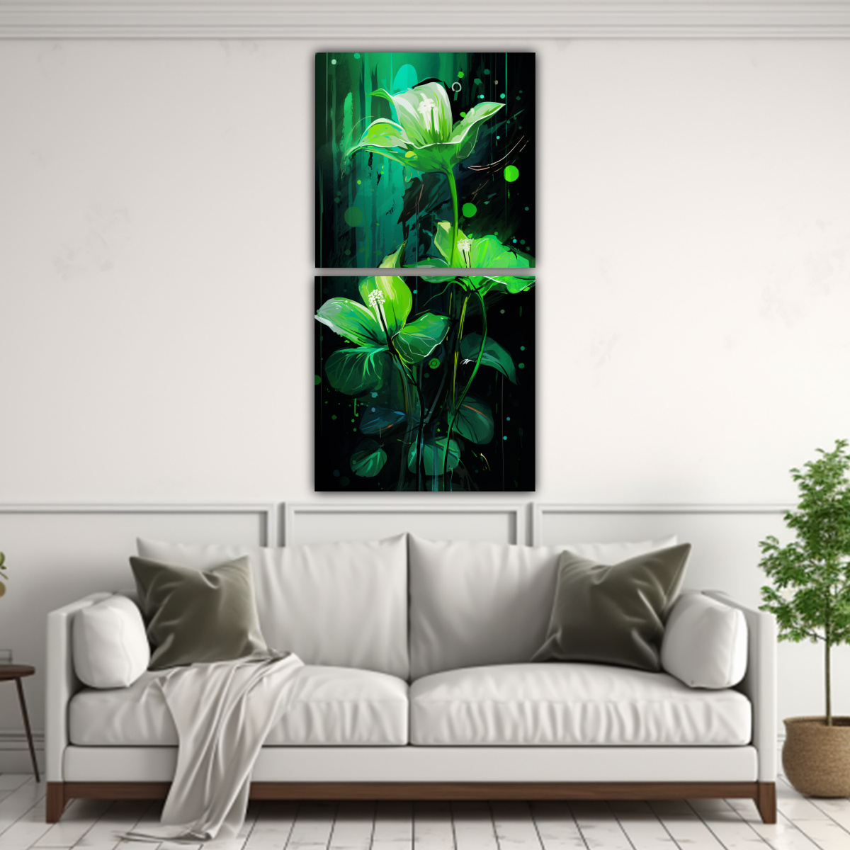 ARTE FLORAL ACUARELA EN TONOS VERDES, ESTILO 40X80 CM - 2