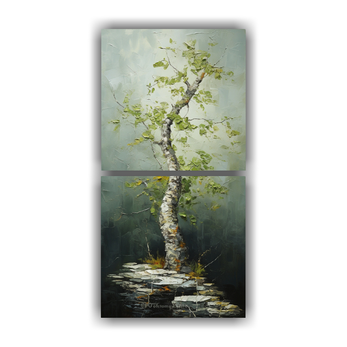 PINTURA ABSTRACTA DE ÁRBOL BONSÁI DE ABEDUL EN 40X80 CM - 1