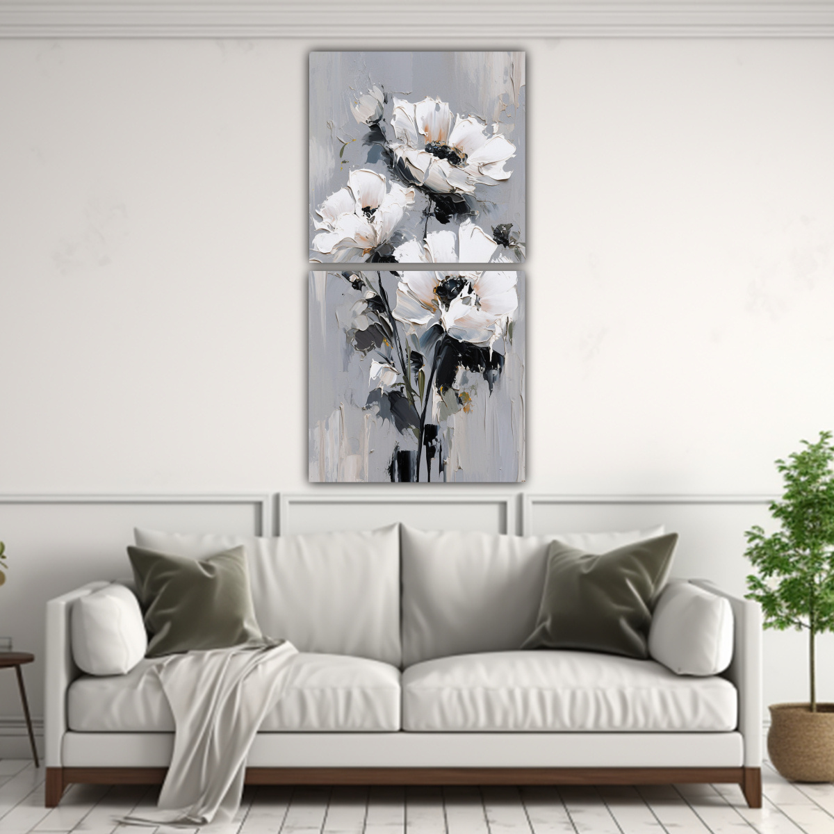 CUADROS DE FLORES BLANCAS Y NEGRAS EN LIENZO PARA 40X80 CM - 2