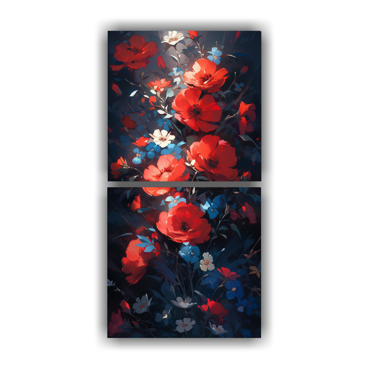 PINTURA EN LIENZO: FLORES ROJAS Y AZULES EN 20X40 CM - 1
