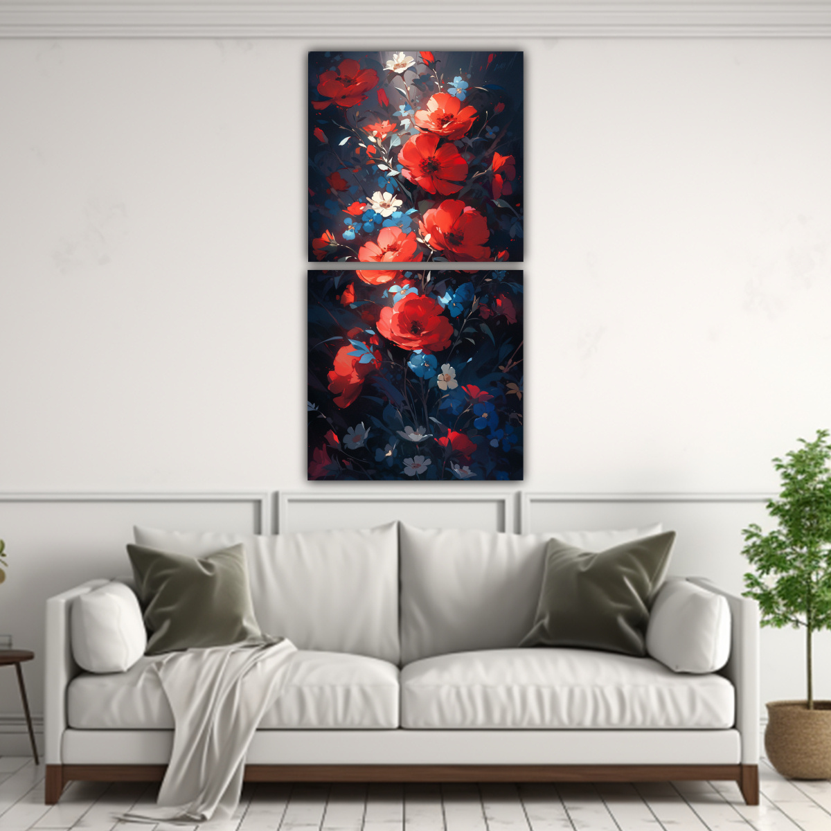PINTURA EN LIENZO: FLORES ROJAS Y AZULES EN 20X40 CM - 2