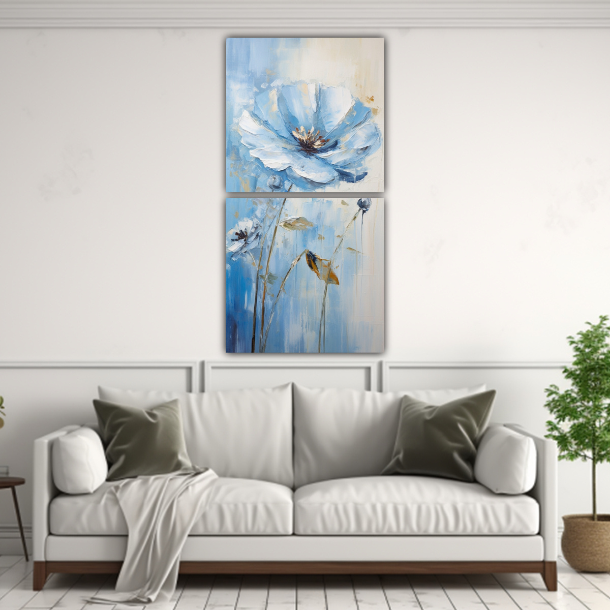 SET 2 ARTE PARED AZUL FLORES LIENZO ESTILO 40X80 CM - 2